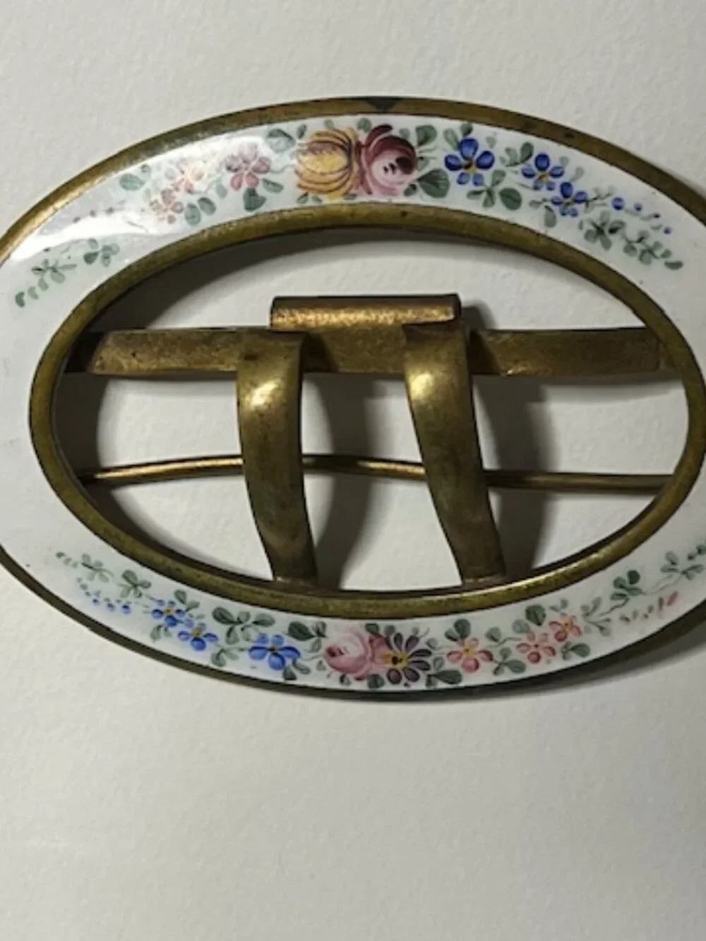 VTG Oval Enamel Floral & Brass Belt Scarf Belt Buckle Hand-Painted 3.5